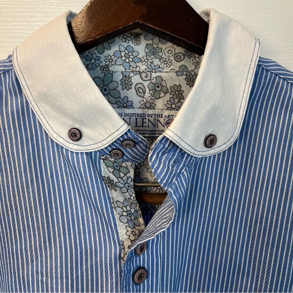 John Lennon Blue Striped Button-Up Men M Shirt White Collar Floral Embroidered - Picture 6 of 13
